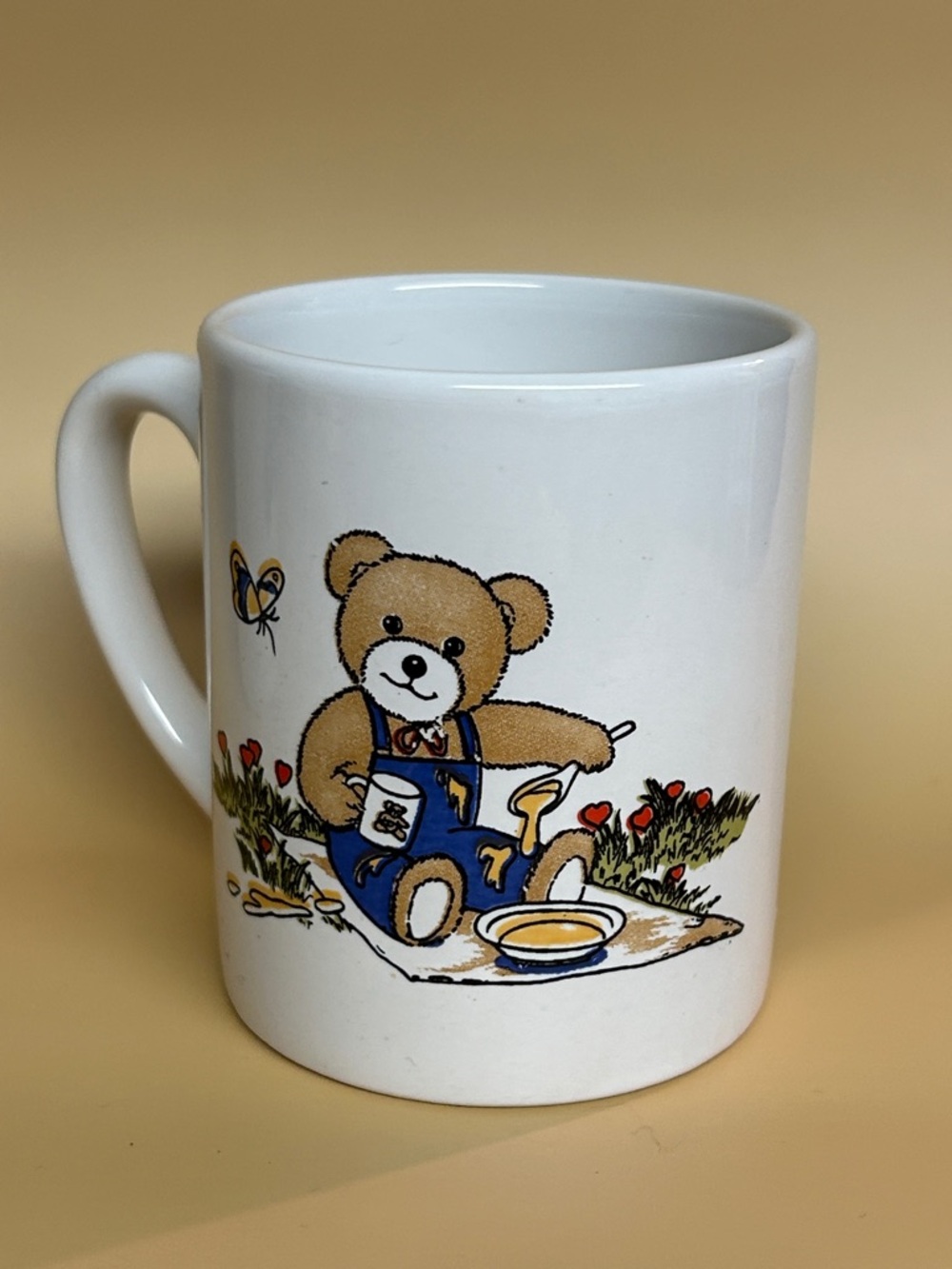 Rare Vintage 80s Bear Mug Bear in Overalls Eating Honey & Bear Running From Bees